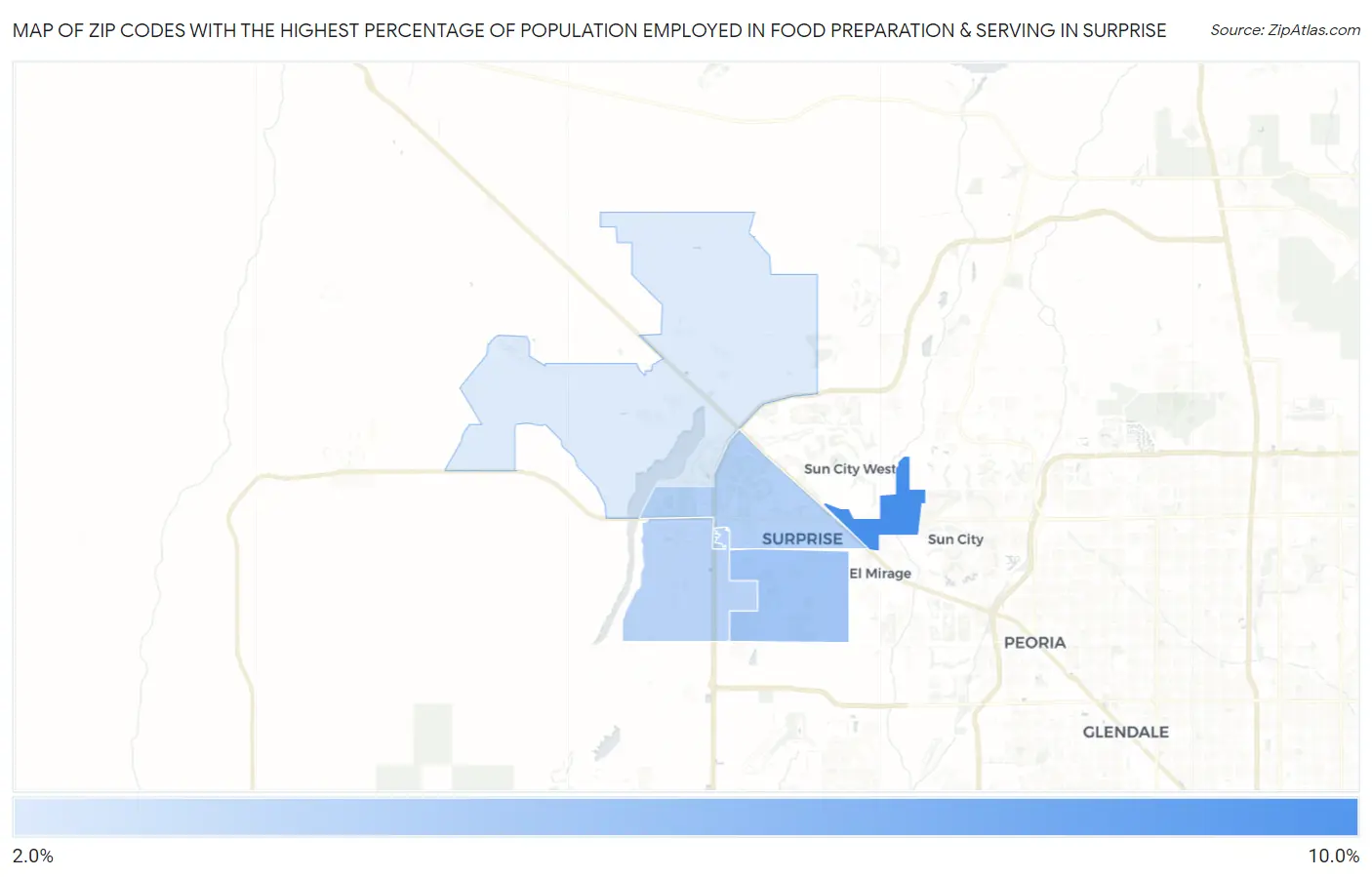 Zip Codes with the Highest Percentage of Population Employed in Food Preparation & Serving in Surprise Map