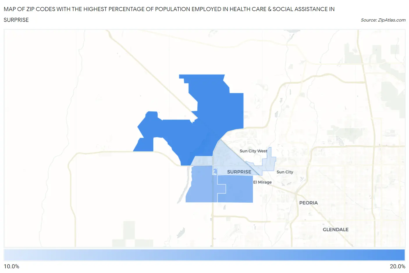 Zip Codes with the Highest Percentage of Population Employed in Health Care & Social Assistance in Surprise Map