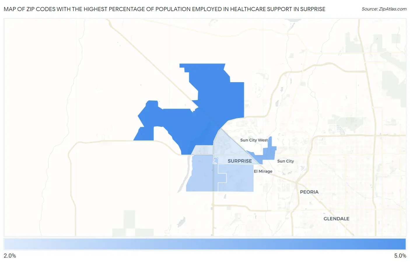 Zip Codes with the Highest Percentage of Population Employed in Healthcare Support in Surprise Map