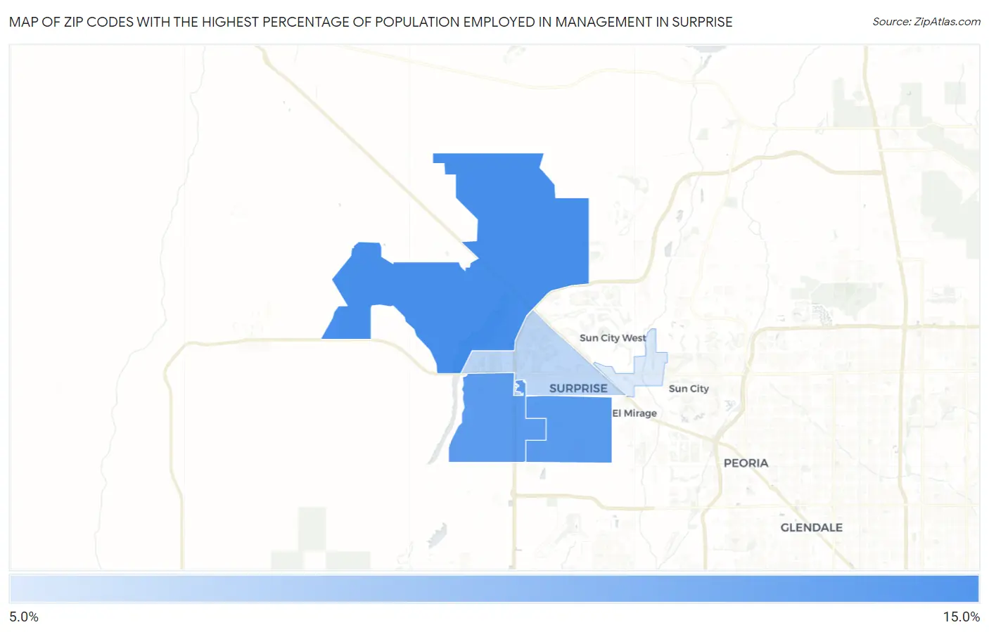 Zip Codes with the Highest Percentage of Population Employed in Management in Surprise Map