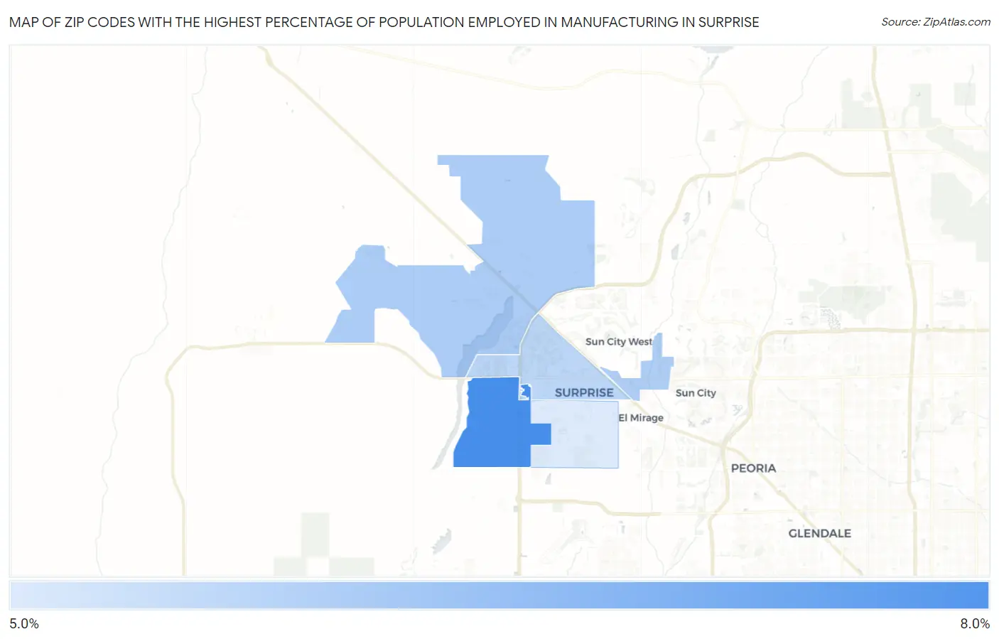 Zip Codes with the Highest Percentage of Population Employed in Manufacturing in Surprise Map