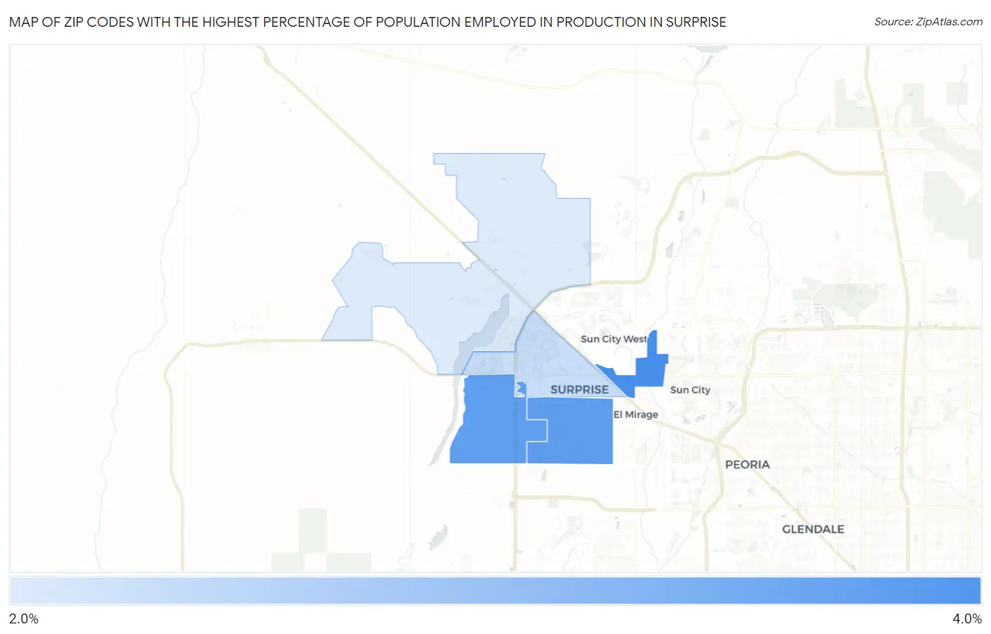 Zip Codes with the Highest Percentage of Population Employed in Production in Surprise Map
