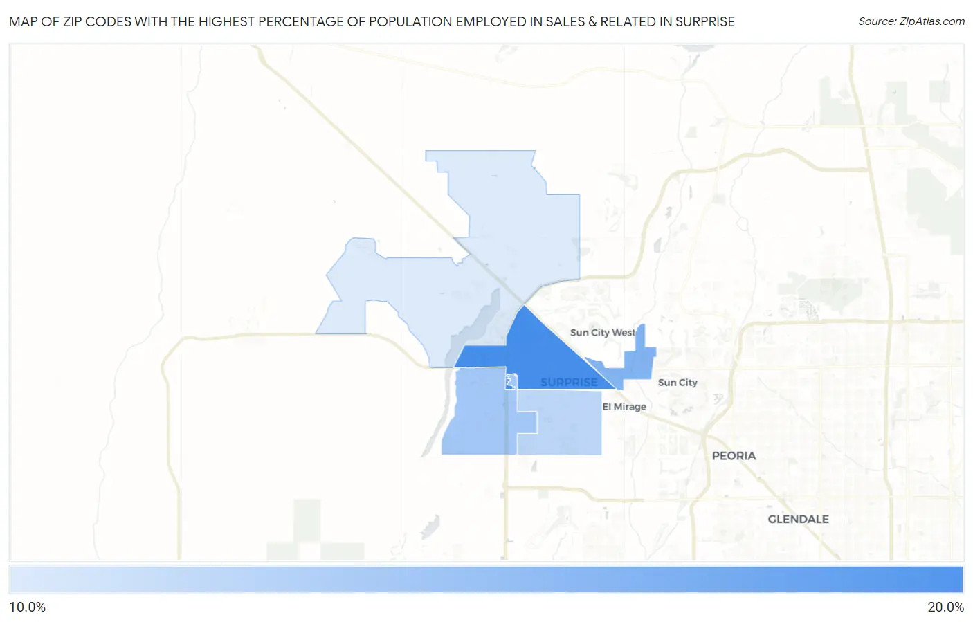 Zip Codes with the Highest Percentage of Population Employed in Sales & Related in Surprise Map