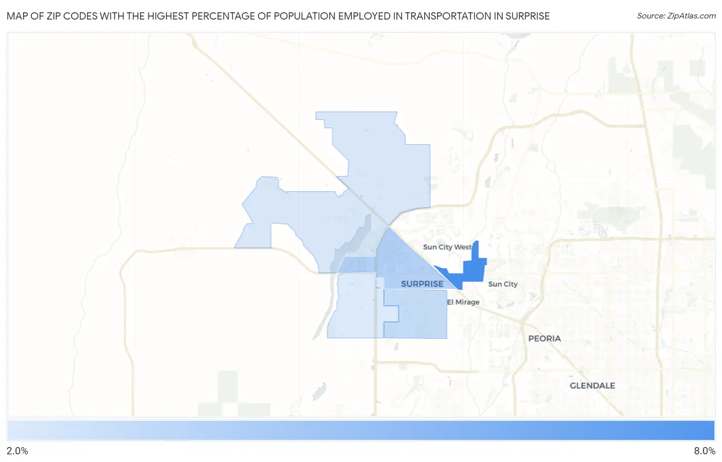 Zip Codes with the Highest Percentage of Population Employed in Transportation in Surprise Map