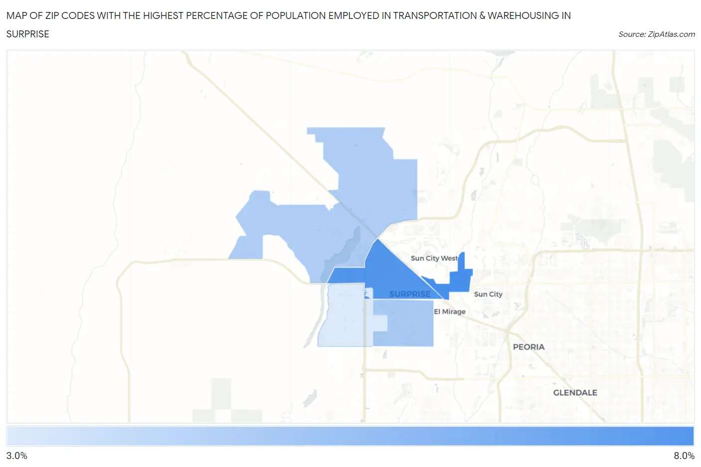 Zip Codes with the Highest Percentage of Population Employed in Transportation & Warehousing in Surprise Map