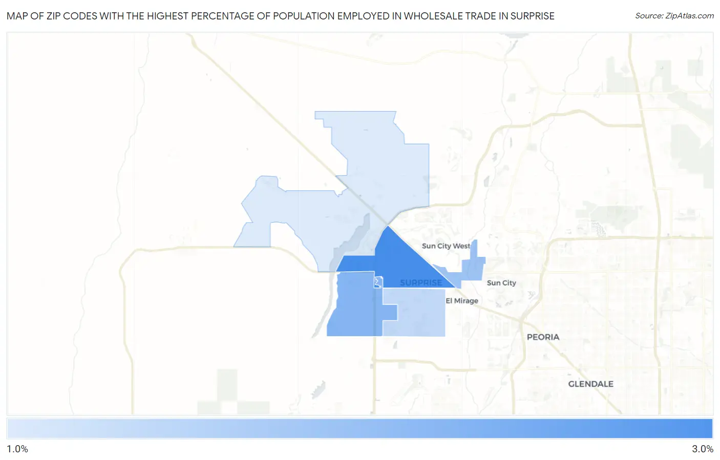 Zip Codes with the Highest Percentage of Population Employed in Wholesale Trade in Surprise Map