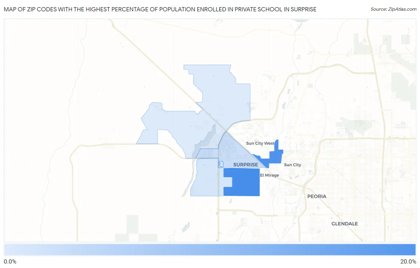 Zip Codes with the Highest Percentage of Population Enrolled in Private School in Surprise Map