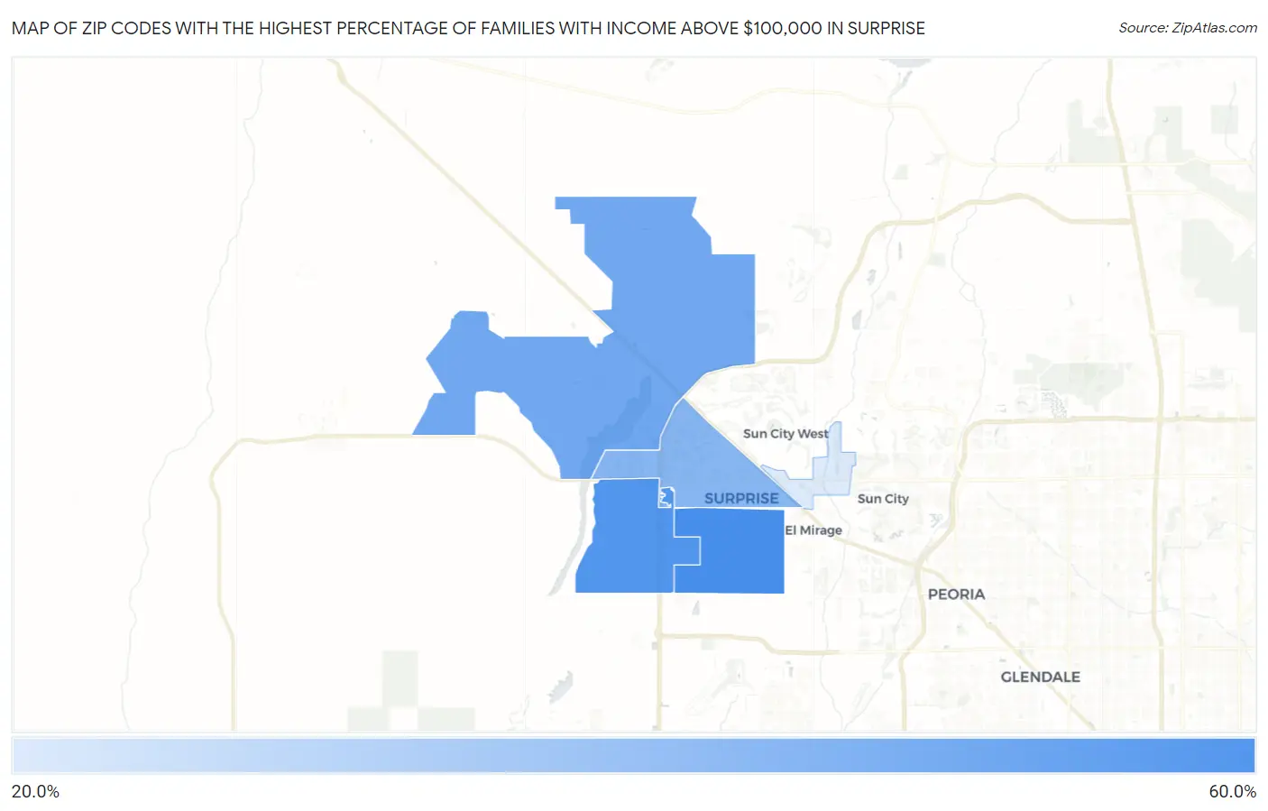 Zip Codes with the Highest Percentage of Families with Income Above $100,000 in Surprise Map