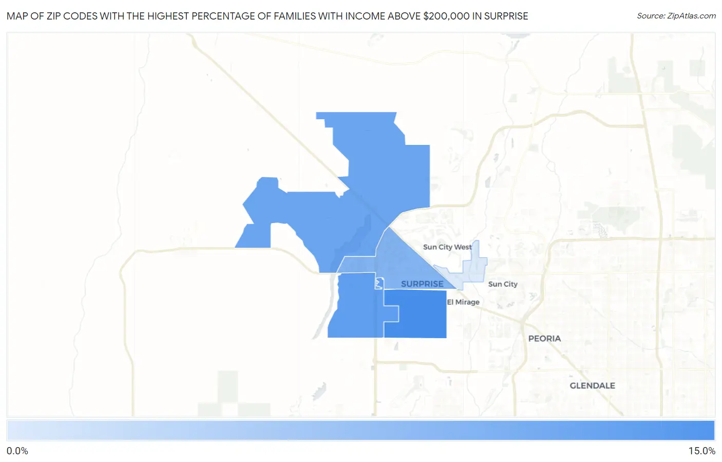 Zip Codes with the Highest Percentage of Families with Income Above $200,000 in Surprise Map