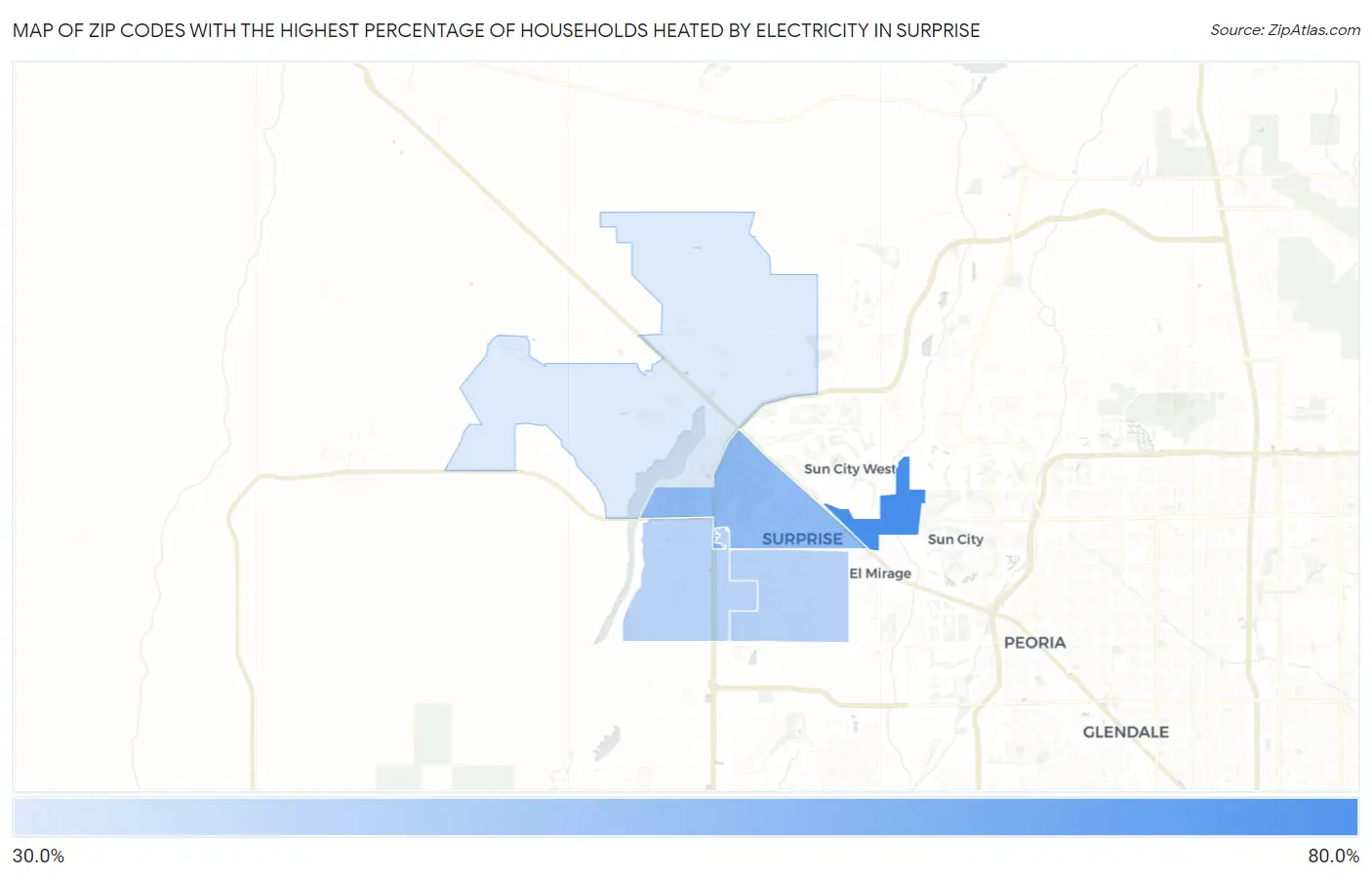 Zip Codes with the Highest Percentage of Households Heated by Electricity in Surprise Map