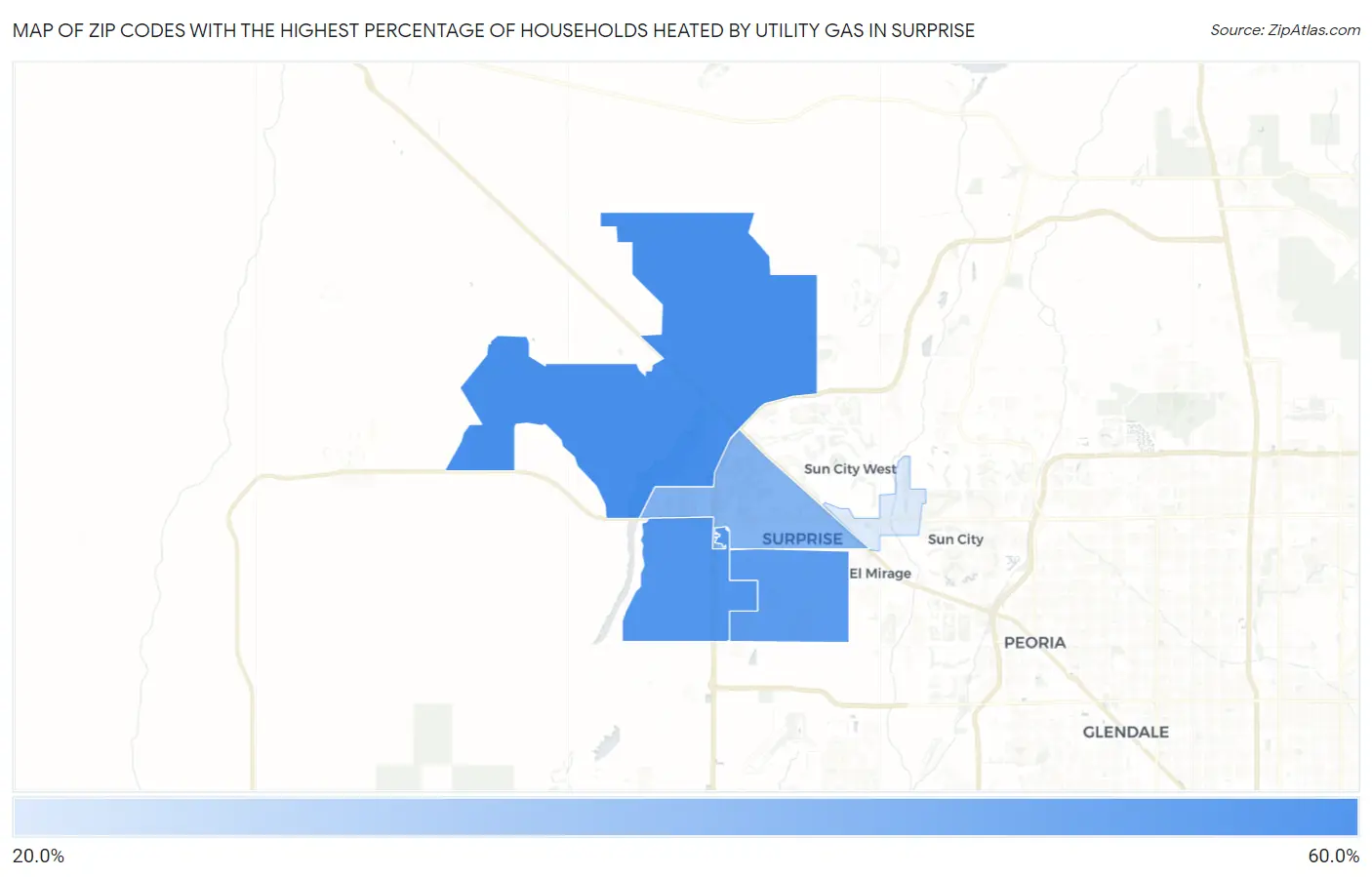 Zip Codes with the Highest Percentage of Households Heated by Utility Gas in Surprise Map
