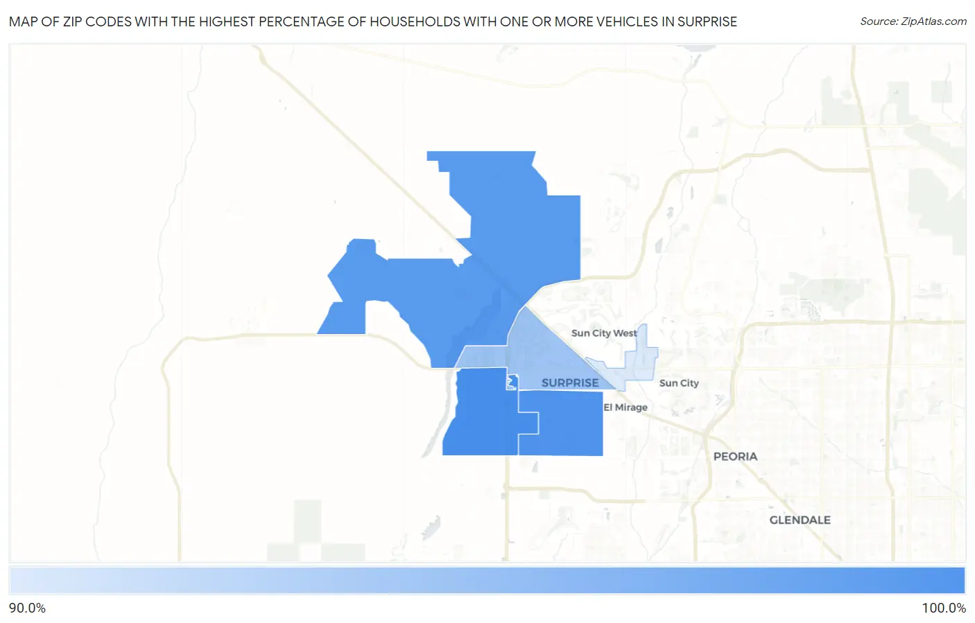 Zip Codes with the Highest Percentage of Households With One or more Vehicles in Surprise Map