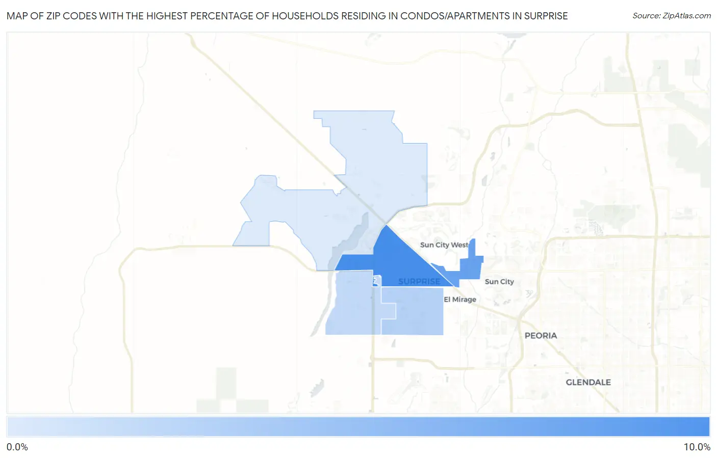 Zip Codes with the Highest Percentage of Households Residing in Condos/Apartments in Surprise Map
