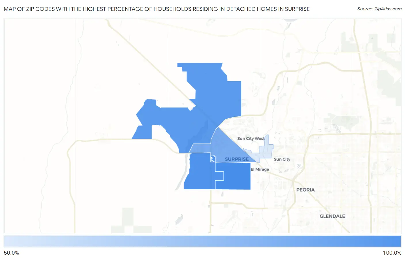 Zip Codes with the Highest Percentage of Households Residing in Detached Homes in Surprise Map
