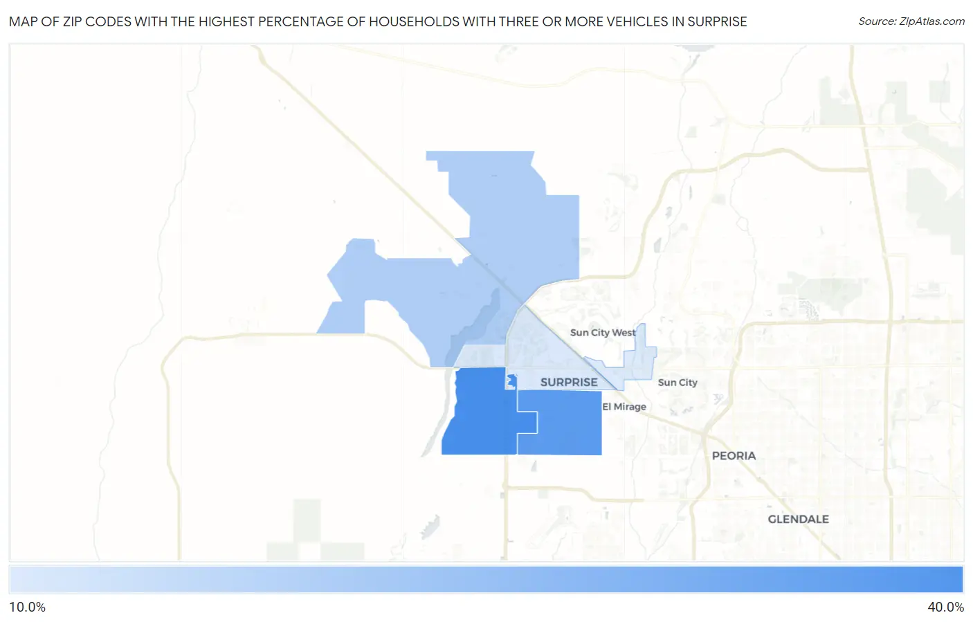 Zip Codes with the Highest Percentage of Households With Three or more Vehicles in Surprise Map