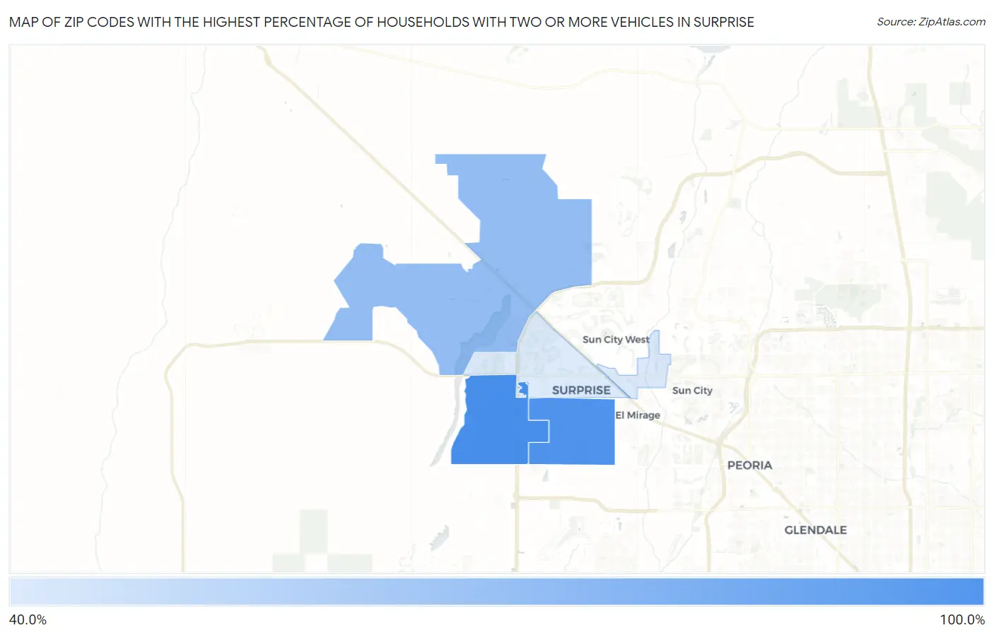 Zip Codes with the Highest Percentage of Households With Two or more Vehicles in Surprise Map