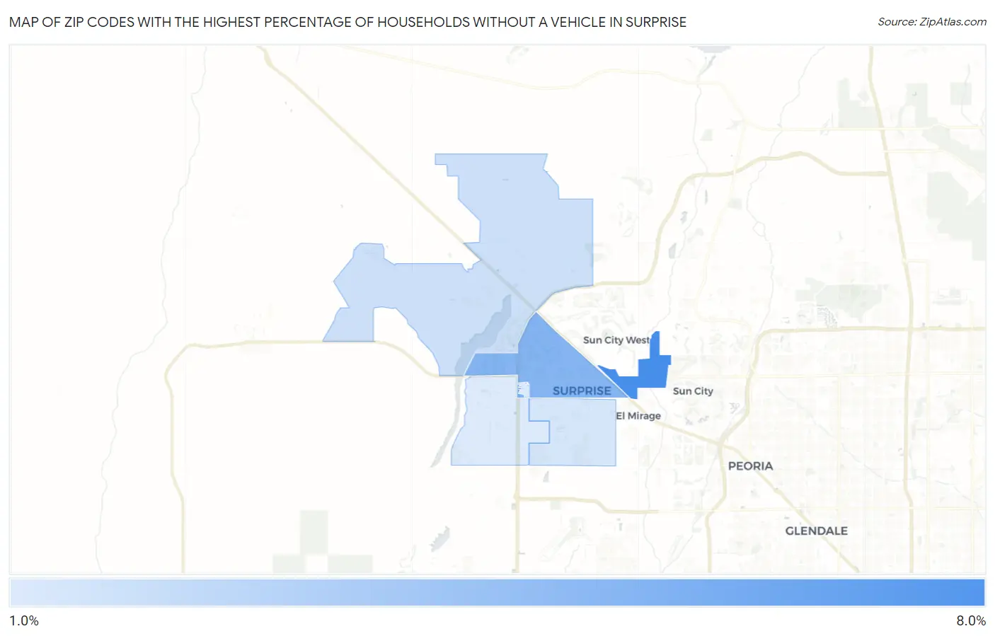 Zip Codes with the Highest Percentage of Households Without a Vehicle in Surprise Map