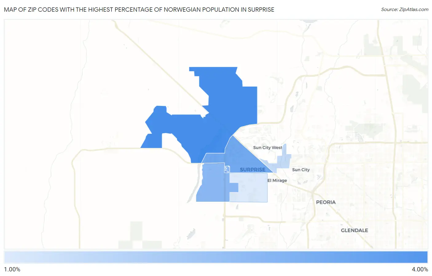 Zip Codes with the Highest Percentage of Norwegian Population in Surprise Map