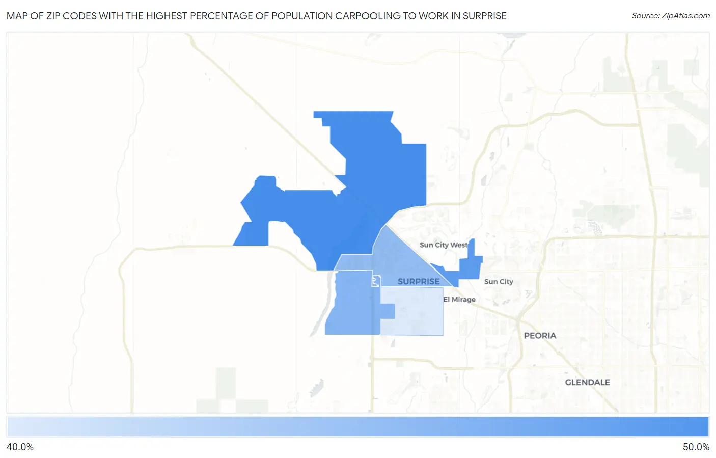 Zip Codes with the Highest Percentage of Population Carpooling to Work in Surprise Map