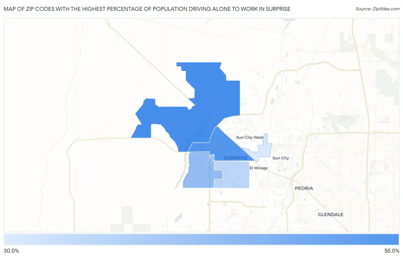 Zip Codes with the Highest Percentage of Population Driving Alone to Work in Surprise Map