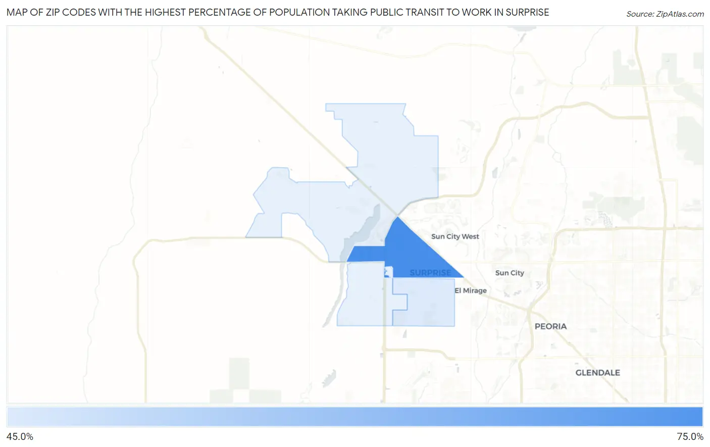 Zip Codes with the Highest Percentage of Population Taking Public Transit to Work in Surprise Map