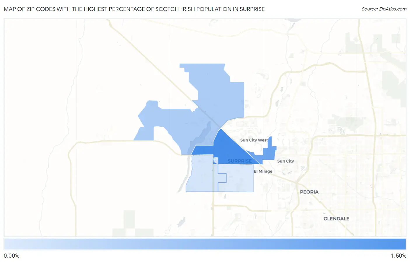 Zip Codes with the Highest Percentage of Scotch-Irish Population in Surprise Map