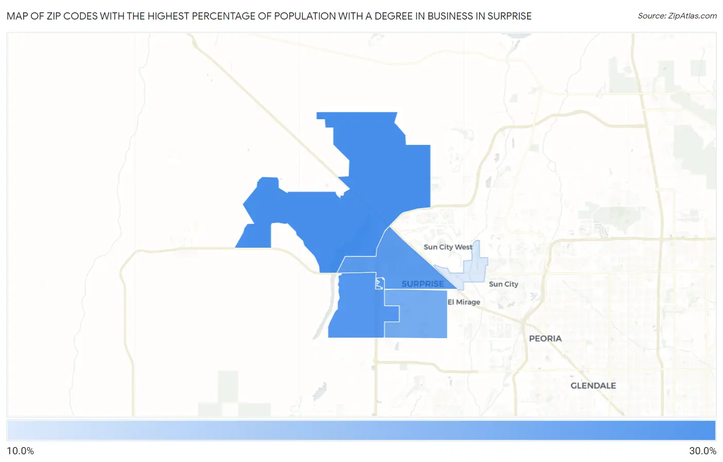 Zip Codes with the Highest Percentage of Population with a Degree in Business in Surprise Map