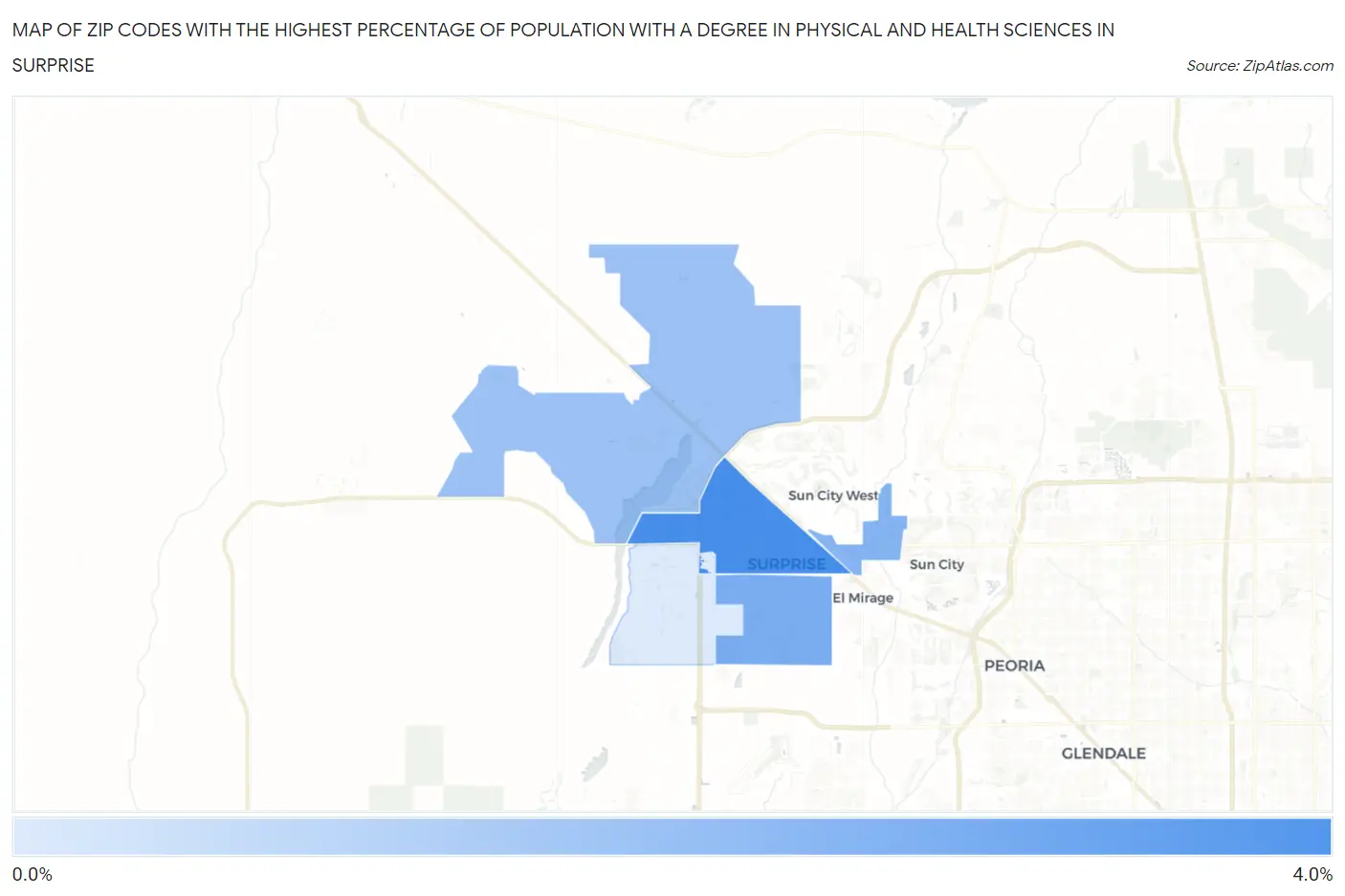 Zip Codes with the Highest Percentage of Population with a Degree in Physical and Health Sciences in Surprise Map