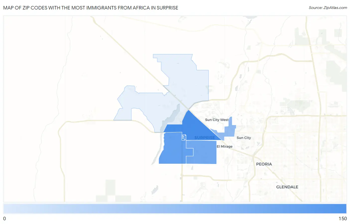 Zip Codes with the Most Immigrants from Africa in Surprise Map