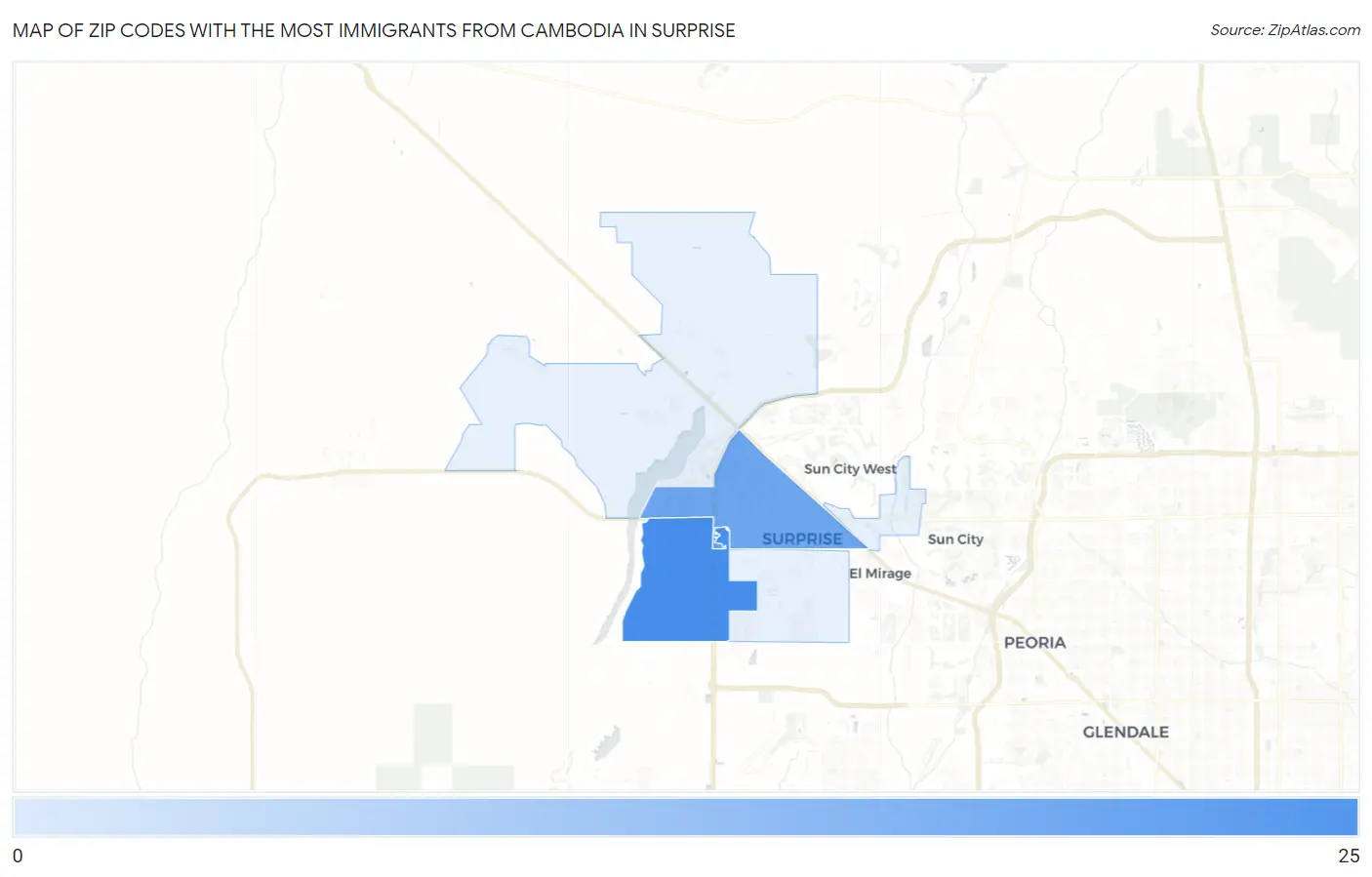 Zip Codes with the Most Immigrants from Cambodia in Surprise Map