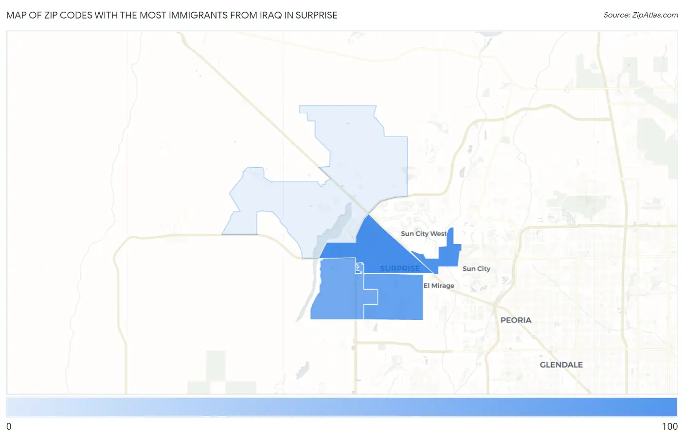 Zip Codes with the Most Immigrants from Iraq in Surprise Map