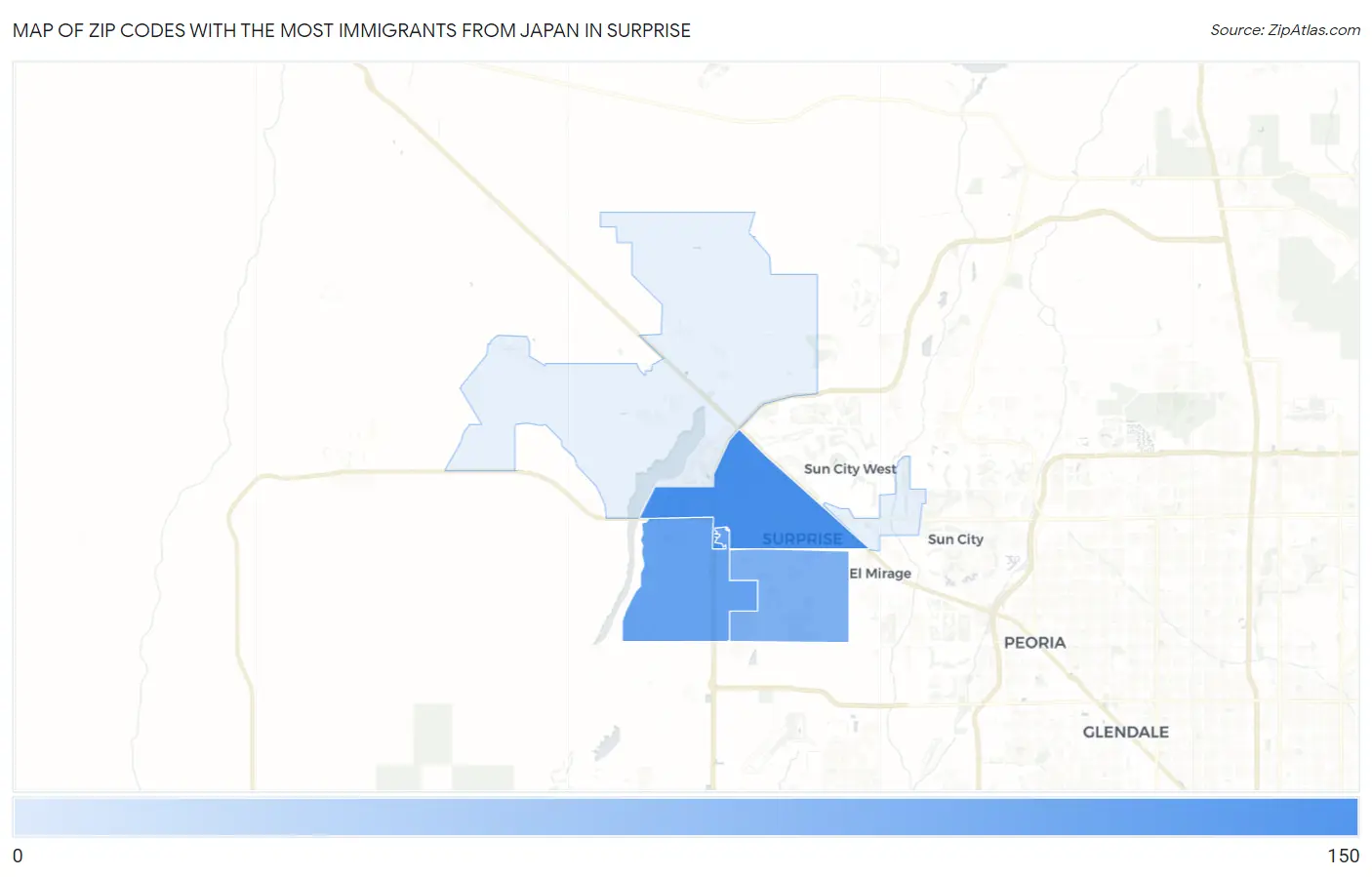 Zip Codes with the Most Immigrants from Japan in Surprise Map