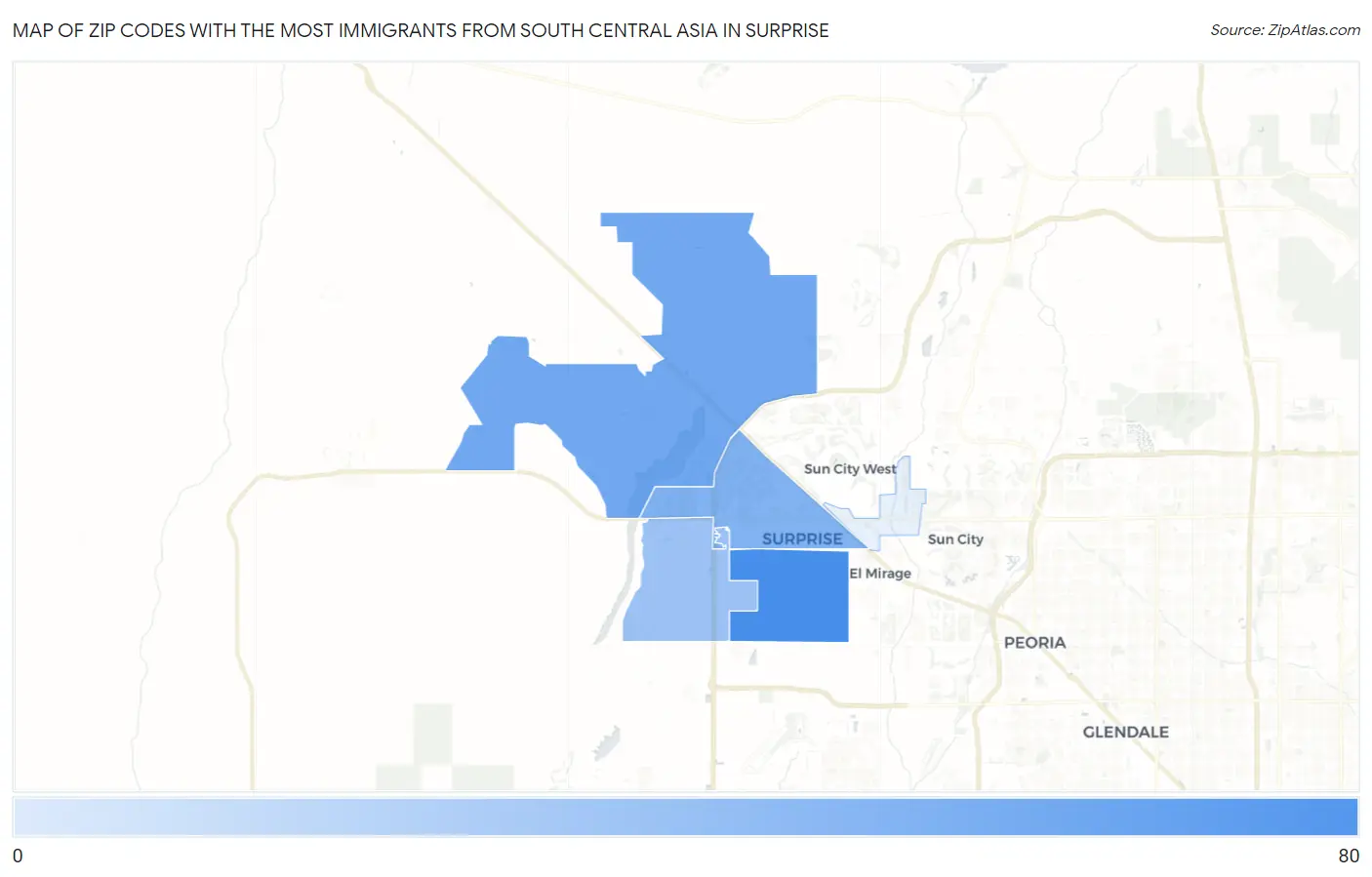 Zip Codes with the Most Immigrants from South Central Asia in Surprise Map