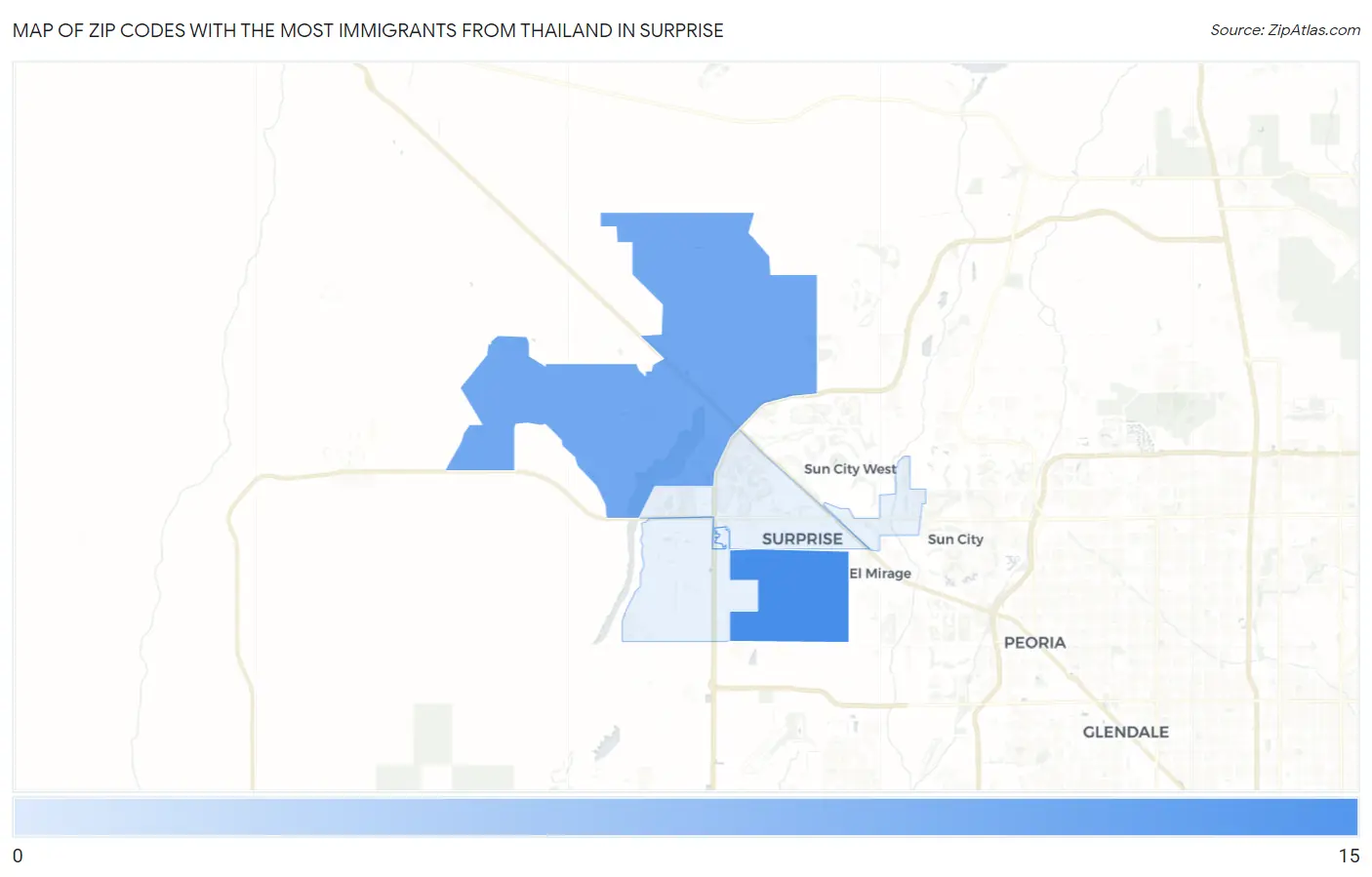 Zip Codes with the Most Immigrants from Thailand in Surprise Map