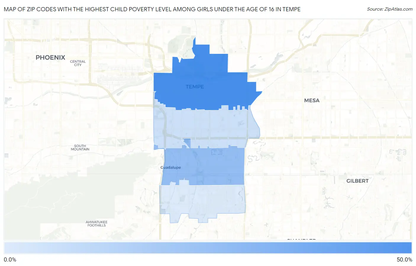 Zip Codes with the Highest Child Poverty Level Among Girls Under the Age of 16 in Tempe Map