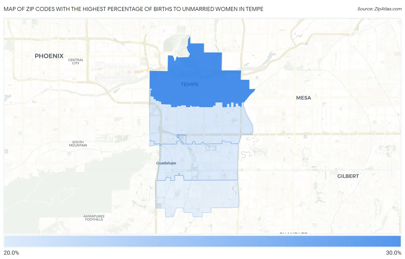 Zip Codes with the Highest Percentage of Births to Unmarried Women in Tempe Map