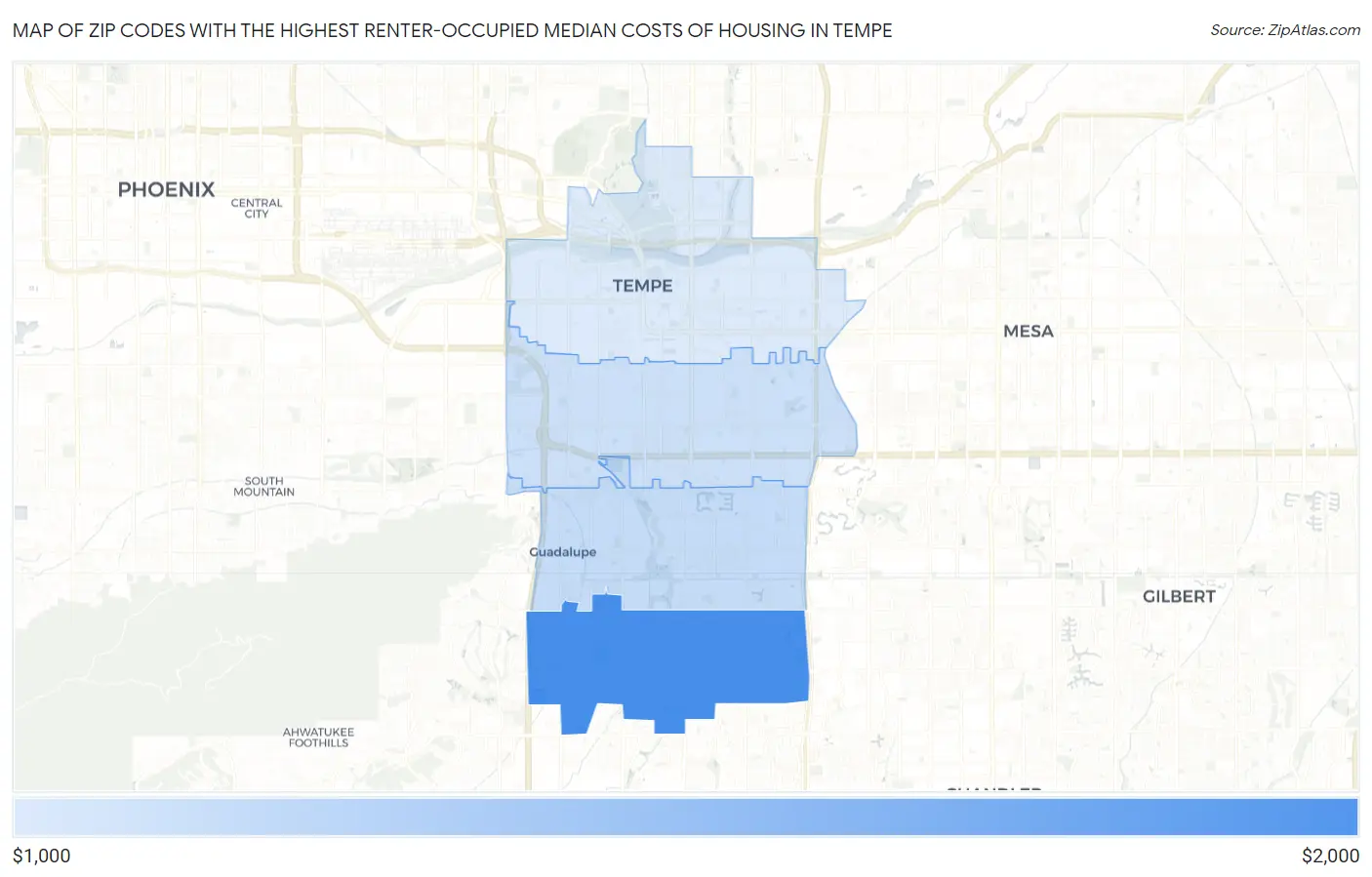 Zip Codes with the Highest Renter-Occupied Median Costs of Housing in Tempe Map