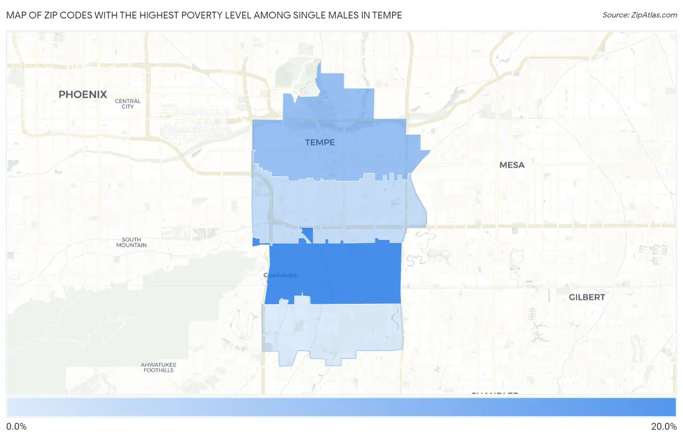 Zip Codes with the Highest Poverty Level Among Single Males in Tempe Map