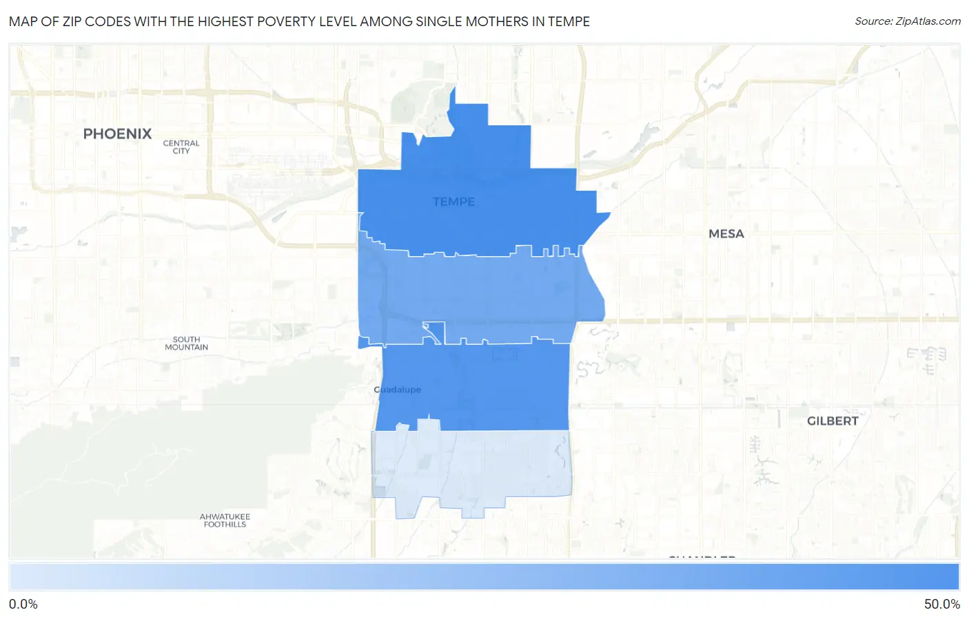 Zip Codes with the Highest Poverty Level Among Single Mothers in Tempe Map
