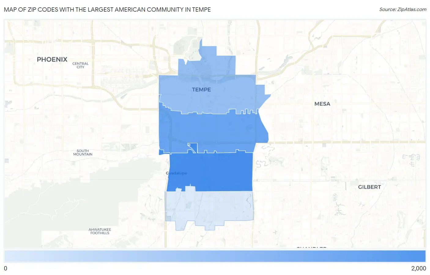 Zip Codes with the Largest American Community in Tempe Map