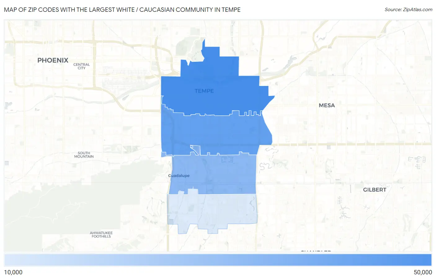 Zip Codes with the Largest White / Caucasian Community in Tempe Map