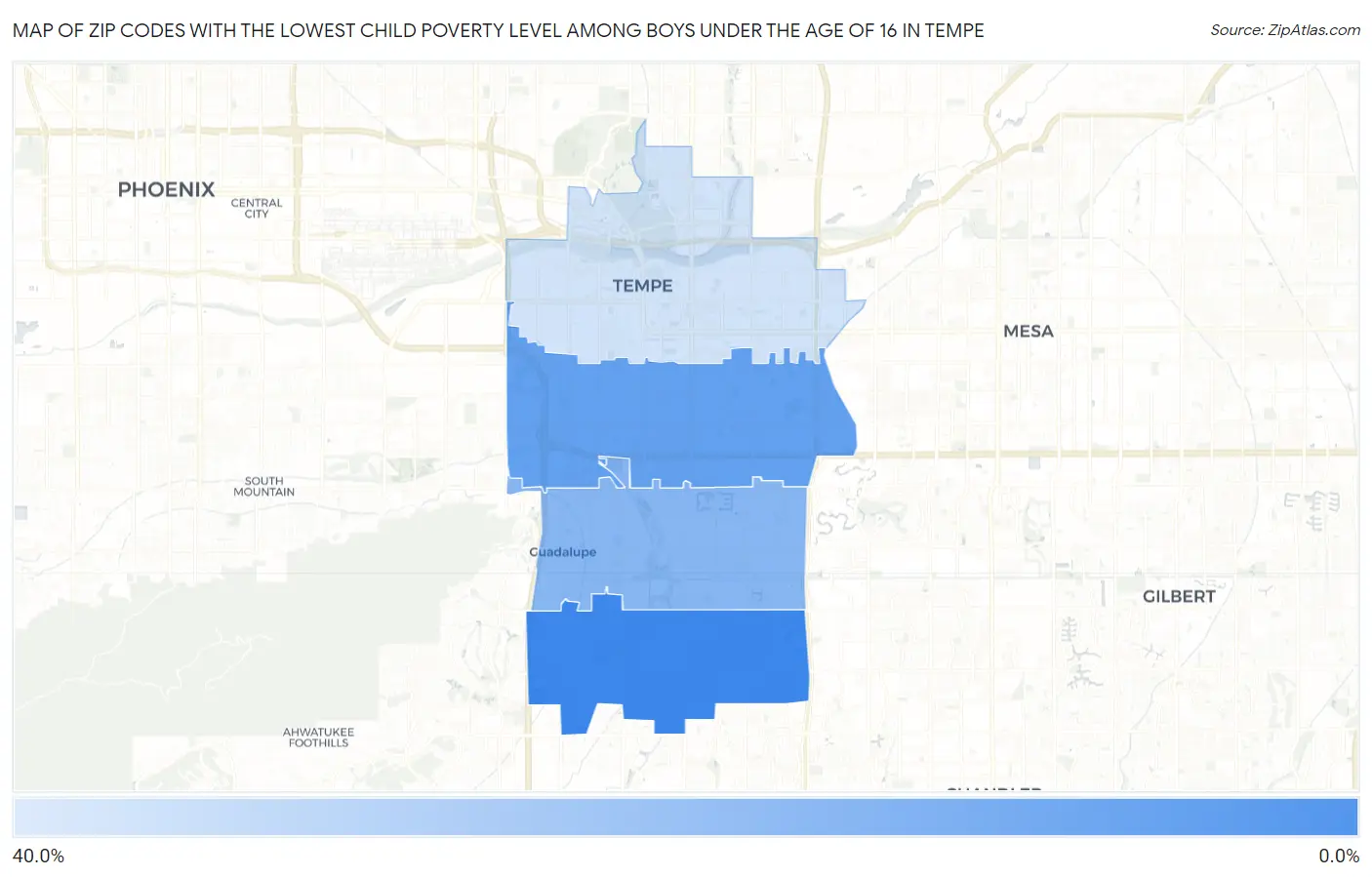 Zip Codes with the Lowest Child Poverty Level Among Boys Under the Age of 16 in Tempe Map