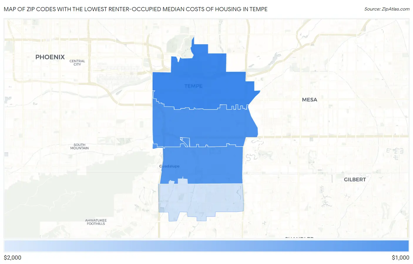 Zip Codes with the Lowest Renter-Occupied Median Costs of Housing in Tempe Map
