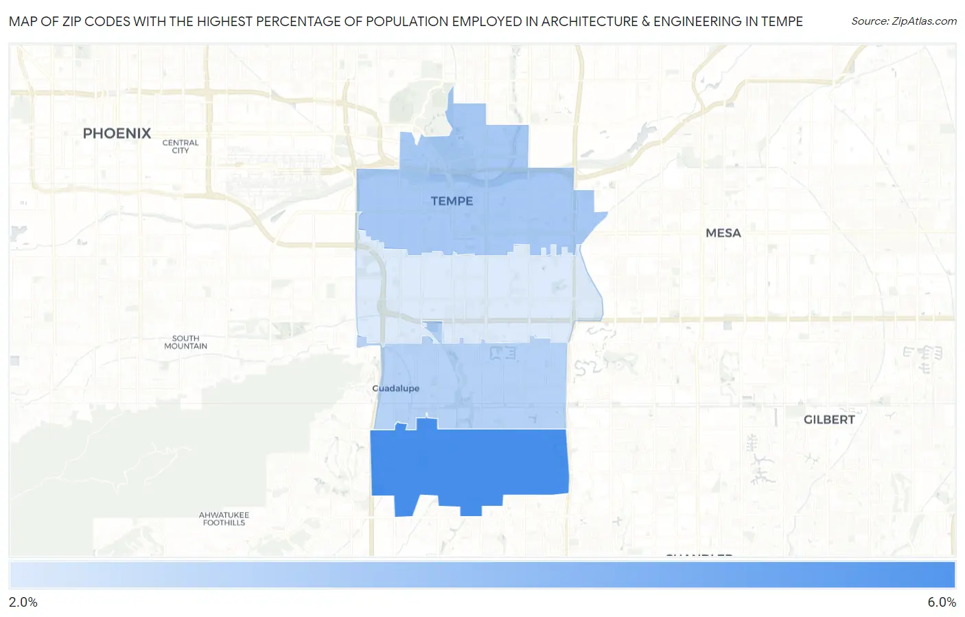 Zip Codes with the Highest Percentage of Population Employed in Architecture & Engineering in Tempe Map