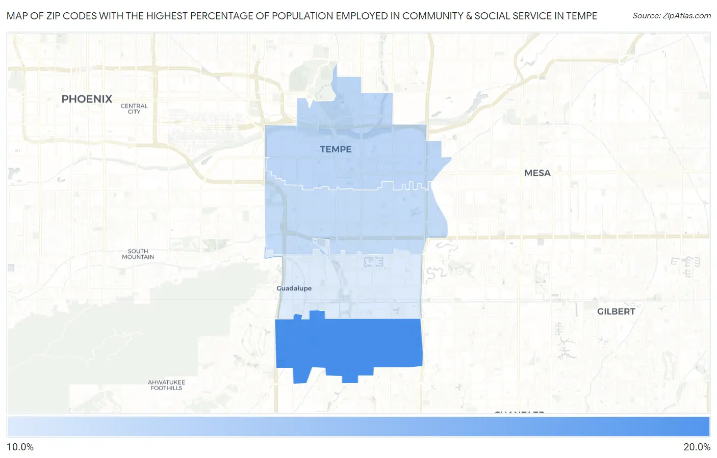 Zip Codes with the Highest Percentage of Population Employed in Community & Social Service  in Tempe Map