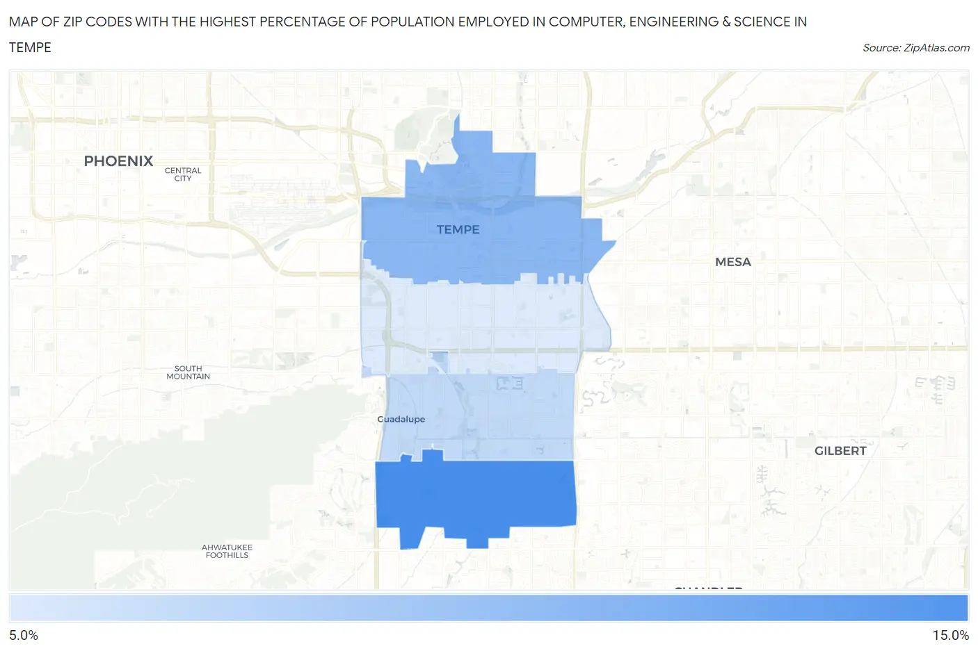 Zip Codes with the Highest Percentage of Population Employed in Computer, Engineering & Science in Tempe Map