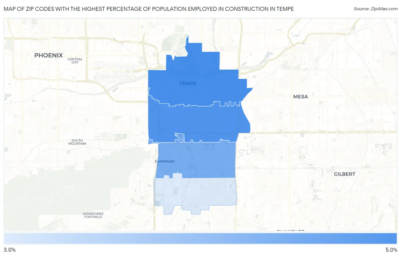 Zip Codes with the Highest Percentage of Population Employed in Construction in Tempe Map