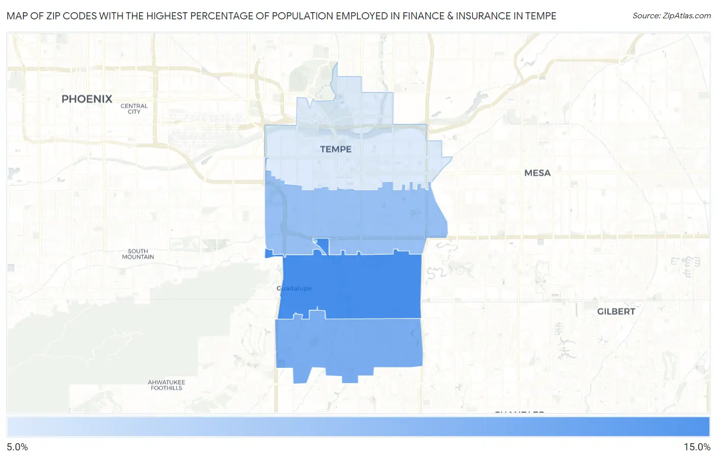 Zip Codes with the Highest Percentage of Population Employed in Finance & Insurance in Tempe Map