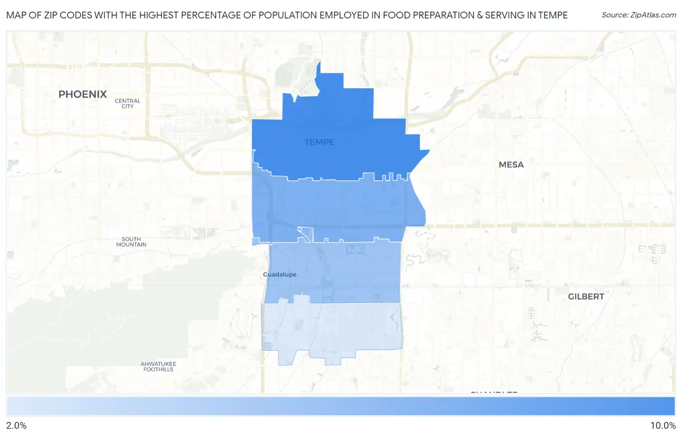 Zip Codes with the Highest Percentage of Population Employed in Food Preparation & Serving in Tempe Map