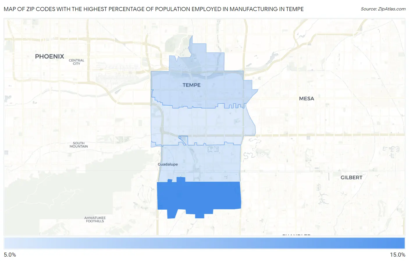 Zip Codes with the Highest Percentage of Population Employed in Manufacturing in Tempe Map